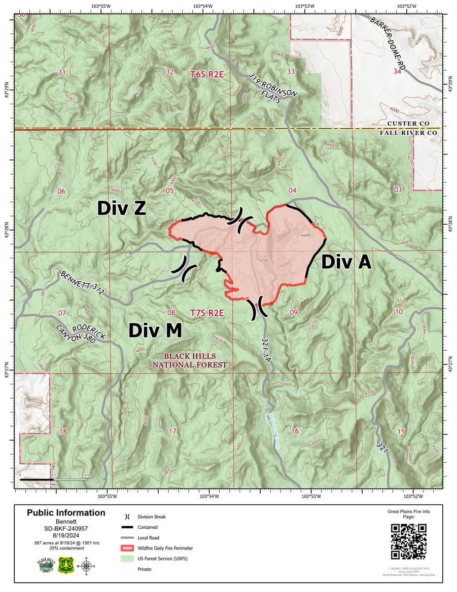 per_lundquistwx's tweet photo. Significant progress being made on the #BennettFire. 367 acres burned at 35% containment (was 10% yesterday).
Storms tomorrow will mainly affect the Northern hills, but possible gusts up to 25 mph around the fire. Good humidity around 50%. Temps in the lower 80s https://t.co/AV5tIsupau