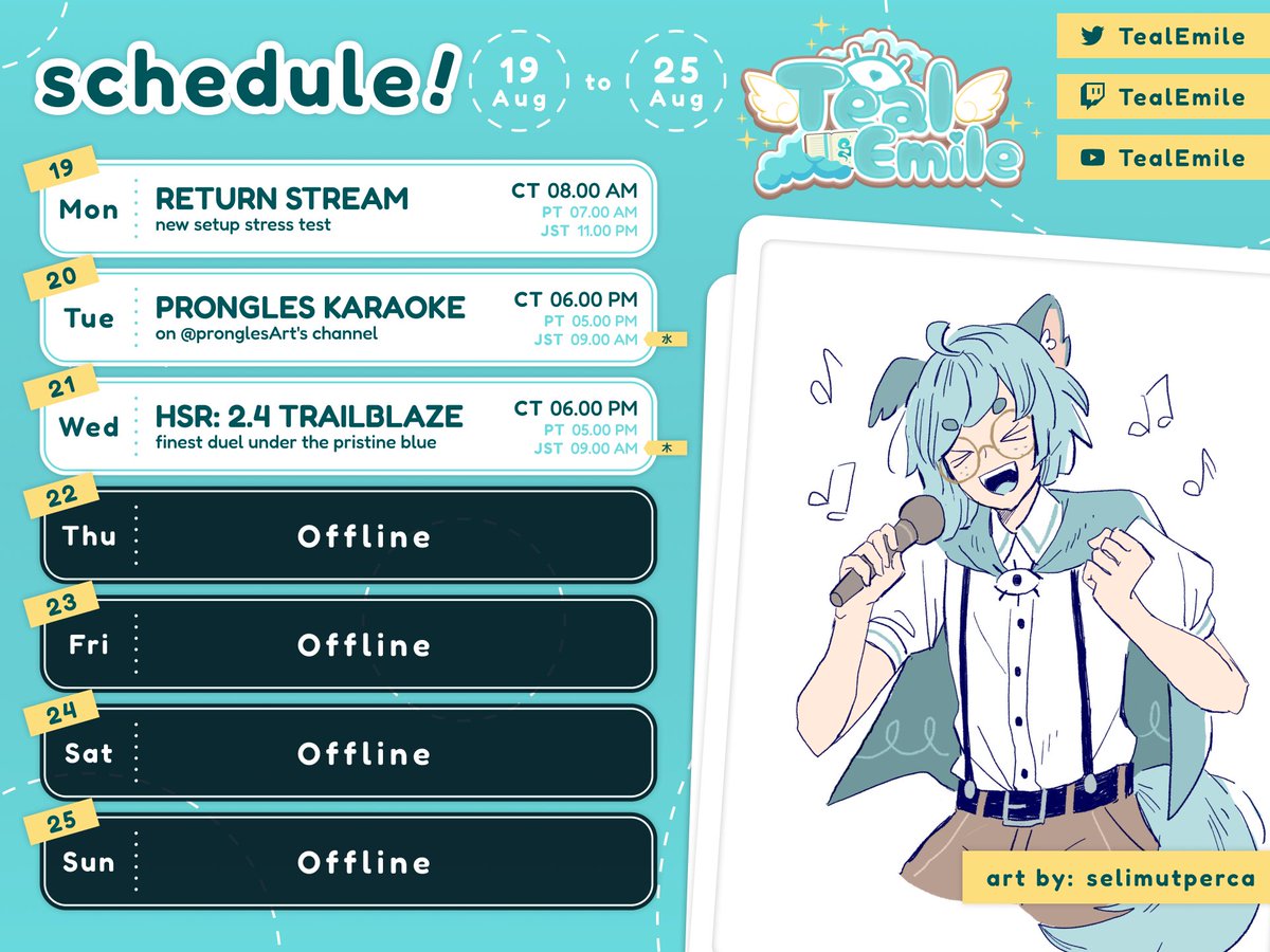 👁 PEEP THE SCHEDULE 👁

DID YOU MISS ME???
gonna be a light week as i'm immediately going on another short break LOL but normalcy will return after that 🫡