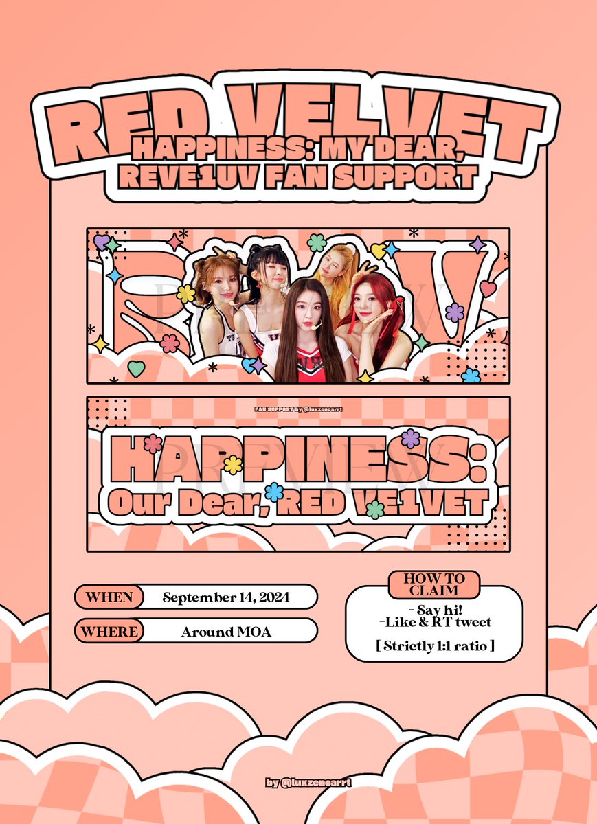 ⠀ ⠀ 
͏͏
🩷💛🩵💚💜
OT5 Fan Support
for HAPPINESS: My Dear ReVe1uv
Red Velvet Fancon Tour in Manila

WHEN: September 14, 2024
WHERE: Around MOA

- limited qty only! 

#RedVelvet_FANCON_TOUR_in_MANILA #HAPPINESS_MyDear_ReVe1uv

͏͏⠀ ⠀