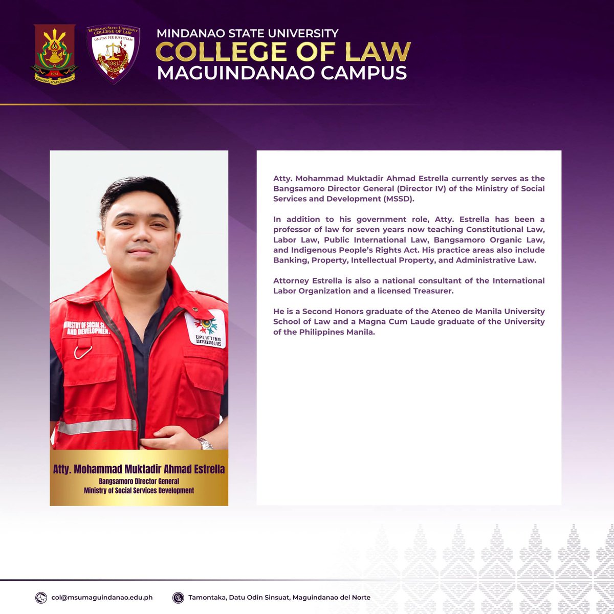 𝐓𝐡𝐞 𝐌𝐒𝐔 𝐂𝐨𝐥𝐥𝐞𝐠𝐞 𝐨𝐟 𝐋𝐚𝐰 𝐌𝐚𝐠𝐮𝐢𝐧𝐝𝐚𝐧𝐚𝐨 𝐄𝐱𝐭𝐞𝐧𝐬𝐢𝐨𝐧 𝐢𝐬 𝐡𝐨𝐧𝐨𝐫𝐞𝐝 𝐭𝐨 𝐩𝐫𝐞𝐬𝐞𝐧𝐭 𝐭𝐡𝐞 𝐝𝐢𝐬𝐭𝐢𝐧𝐠𝐮𝐢𝐬𝐡𝐞𝐝 𝐋𝐚𝐰 𝐏𝐫𝐨𝐟𝐞𝐬𝐬𝐨𝐫𝐬 𝐟𝐨𝐫 𝐭𝐡𝐞 𝐀𝐜𝐚𝐝𝐞𝐦𝐢𝐜 𝐘𝐞𝐚𝐫 𝟐𝟎𝟐𝟒-𝟐𝟎𝟐𝟓.