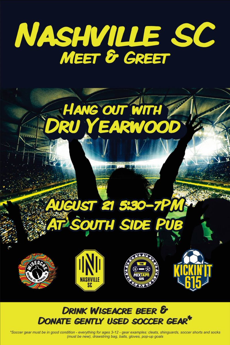 Come out to South Side on Wednesday, see Dru and support <a href="/Kickinit615/">Kickin' It 615</a>!

Donation List:
Soccer Balls (sizes 3-4)
Soccer Cleats
Shin Guards (youth sizes)
Navy or Royal Blue Soccer Shorts (youth sizes)
Navy or Royal Blue Soccer Socks (youth sizes)
Sneaker Deodorizers

#everyoneN