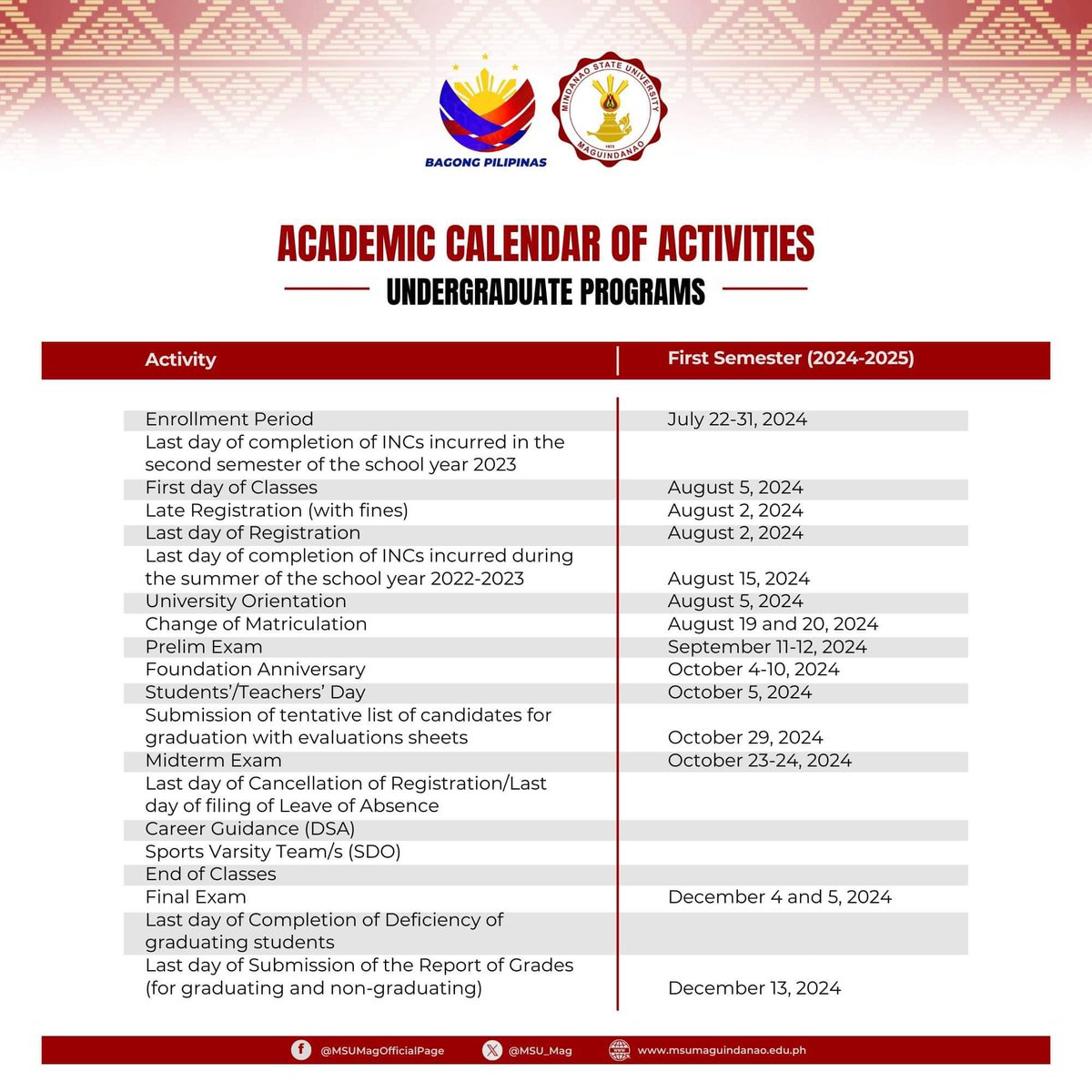 📷 𝐀𝐭𝐭𝐞𝐧𝐭𝐢𝐨𝐧, 𝐌𝐒𝐔𝐚𝐧𝐬!
Please be guided with the Calendar of Activities for the 1st Semester of the Academic Year 2024-2025.