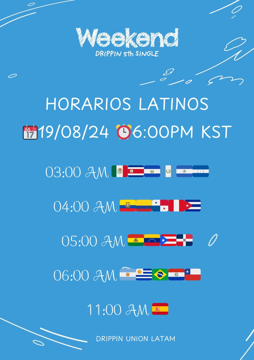 Drippin_Latam's tweet photo. 🌊HORARIOS LATINOS🌊
MV "Weekend" 🫧
📅19/08
⏰6:00PM KST
📍 Nuestro objetivo de vistas son:
2M en 24 HRS 🩵
Canal de Woollim:
✨https://t.co/PQ26hVU9e0
Canal de 1Thek:
✨https://t.co/BryuYh13WQ
Stream:
✨ https://t.co/dNUVib6ABG
#DRIPPIN #드리핀 #Weekned https://t.co/zKcRermKCz