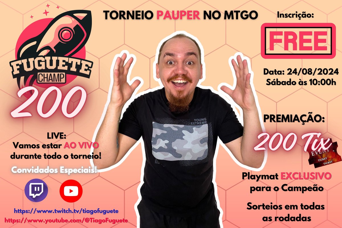 Fala galera!
Anota ai na sua agenda que dia 24/08 às 10:00h ao vivo vai ter a edição 200 do Fuguete Champ e para comemorar vou dar 200 tix de premiação!
Inscrição Free: tinyurl.com/torneio200