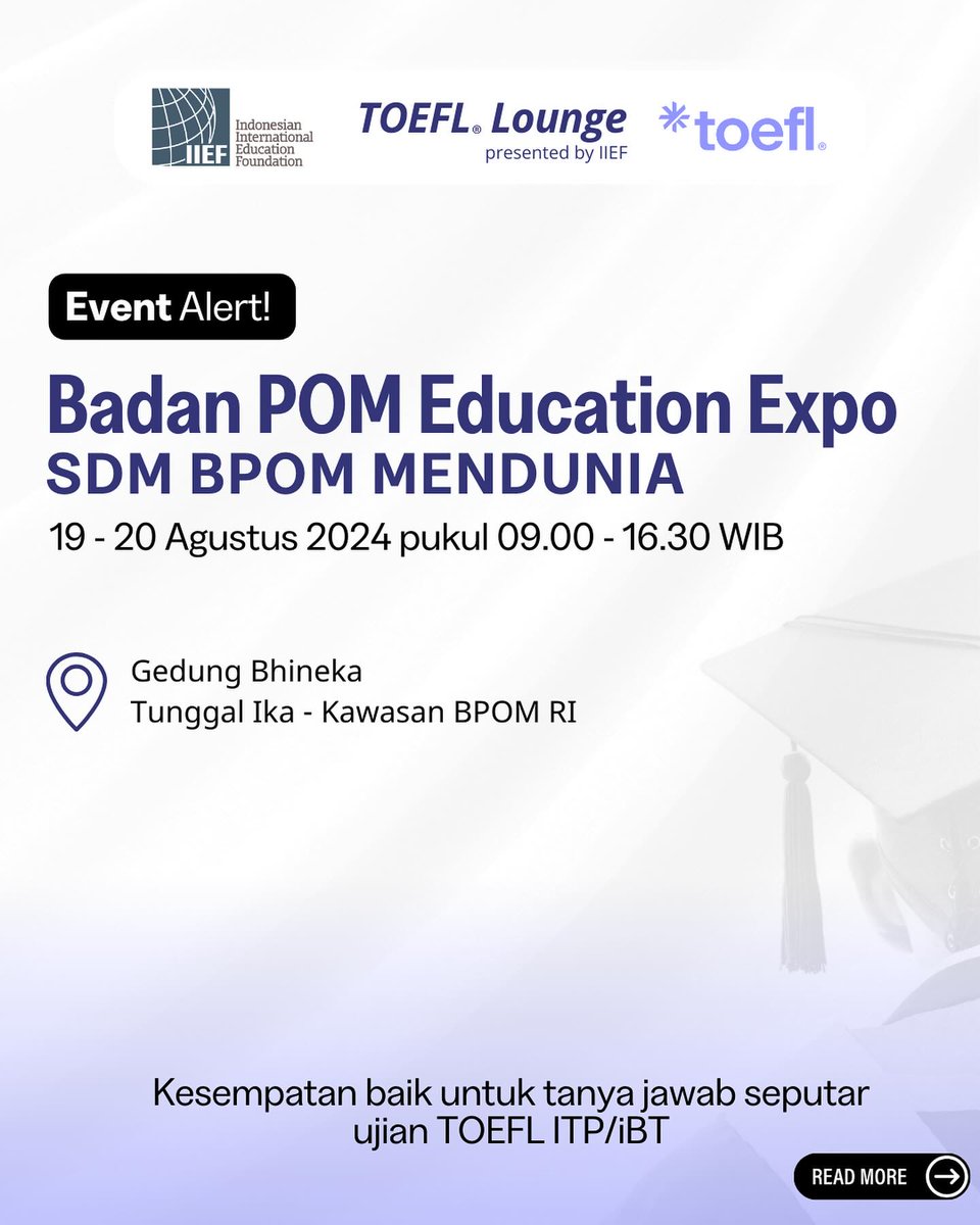 IIEFJakarta's tweet photo. Yuk, tanya-tanya soal TOEFL di booth kami! 🚀 Cari tahu gimana TOEFL bisa bantu wujudkan rencana studimu, baik di dalam maupun luar negeri. Temukan jawabannya di BPOM Education Expo. Sampai ketemu di sana! 

#sahabatIIEF #TOEFLLounge #BPOMExpo https://t.co/x6xXpG80gi