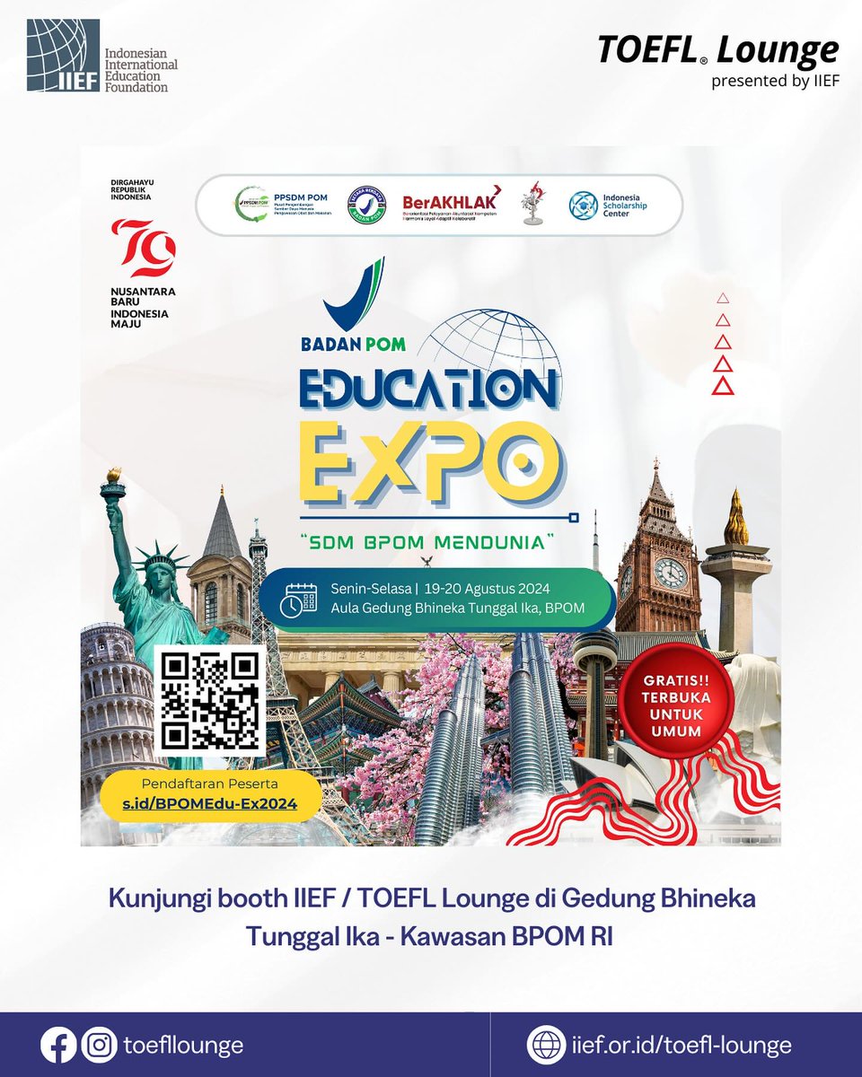 IIEFJakarta's tweet photo. Yuk, tanya-tanya soal TOEFL di booth kami! 🚀 Cari tahu gimana TOEFL bisa bantu wujudkan rencana studimu, baik di dalam maupun luar negeri. Temukan jawabannya di BPOM Education Expo. Sampai ketemu di sana! 

#sahabatIIEF #TOEFLLounge #BPOMExpo https://t.co/x6xXpG80gi