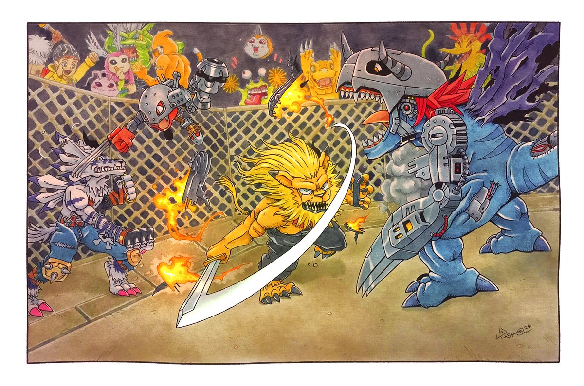 taragraphika's tweet photo. (>>OPEN COMMISSION_DM please!<<)  

'Battle Arena!' 
Featuring: BSComix as Mameo, #Weregarurumon #leomon #metalgreymon #metalmamemon

Commission done for 
@BSComix

Thank you for supporting me:) 

#digimon #デジモン #commission #fanart #taragraphika https://t.co/6M7EQ2vYh4