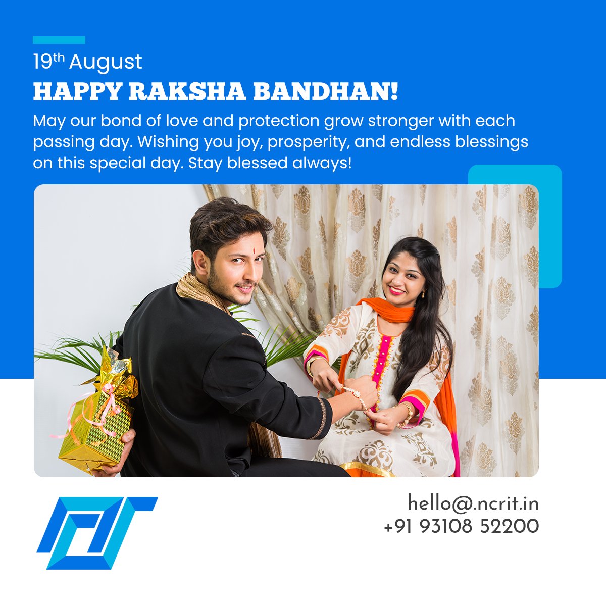 NCRITSol's tweet photo. Wishing you a Raksha Bandhan filled with love, joy, and cherished memories. May our bond of love and protection always stay strong. Happy Rakhi!

#RakshaBandhan #HappyRakshaBandhan #Rakhi  #BrotherSisterBond #RakshaBandhan2024  #NCRIT #NCRITSolutions #HappyRakhi https://t.co/ueCCqXA56p