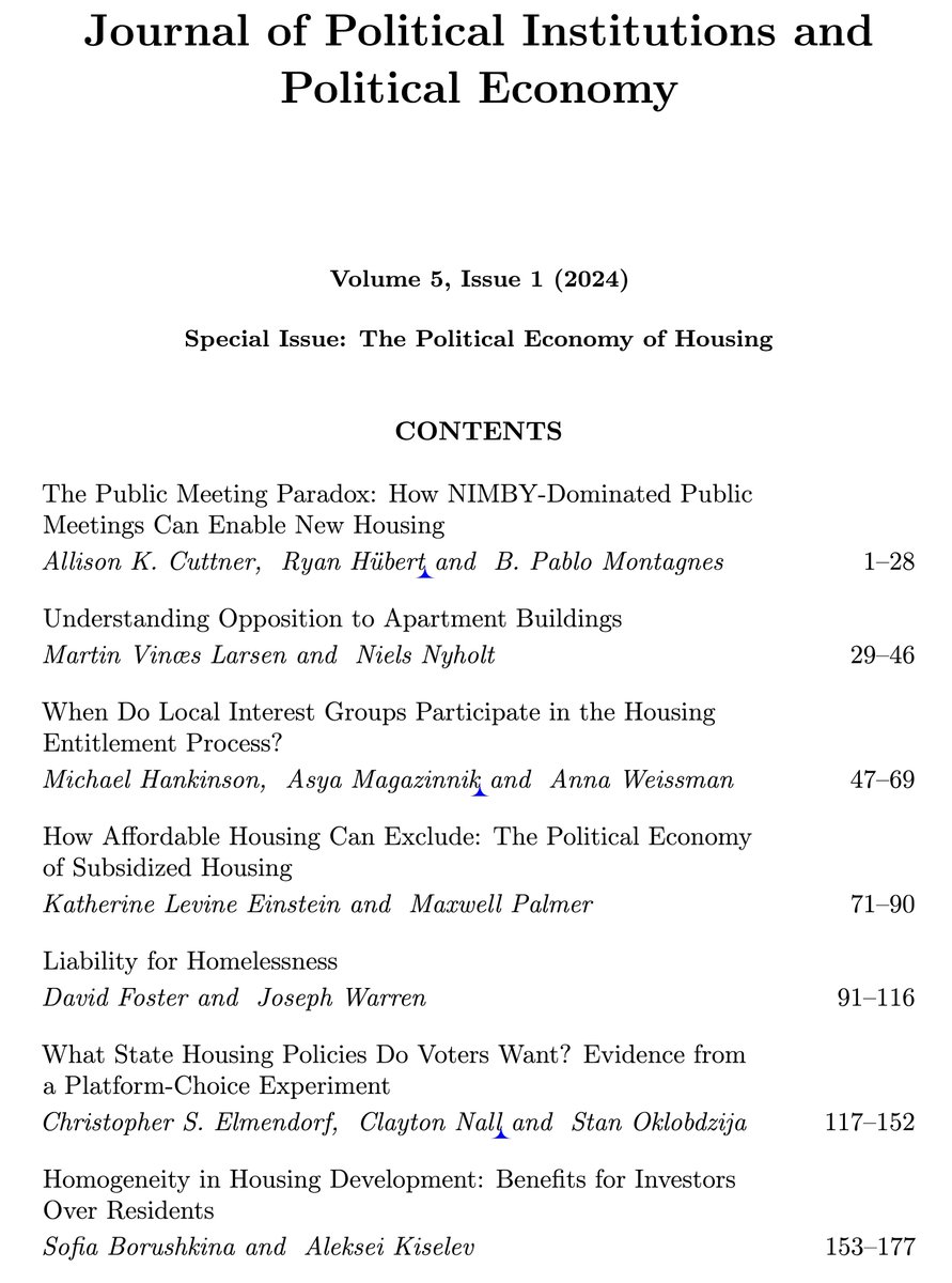 Coming soon: @JHPE 5(1): Special Issue on the Political Economy of Housing. With articles by <a href="/ryan_hubert/">Ryan Hübert 🏳️‍🌈</a>, <a href="/msghankinson/">Michael Hankinson</a>, @maxwellBPalmer, <a href="/mvinaes/">Martin Vinæs Larsen</a>, <a href="/ClaytonNall/">Clayton Nall</a>, @davidfoster0, <a href="/sborushkina/">Sofia Borushkina</a>, <a href="/CSElmendorf/">Chris Elmendorf</a>, <a href="/stan_okl/">Stan Oklobdzija (🦋stano.bksy.social)</a>, <a href="/pmontagnes/">B Pablo Montagnes</a>, @alyosha_kiselev, <a href="/NNyholt/">Niels Nyholt</a>, among others.