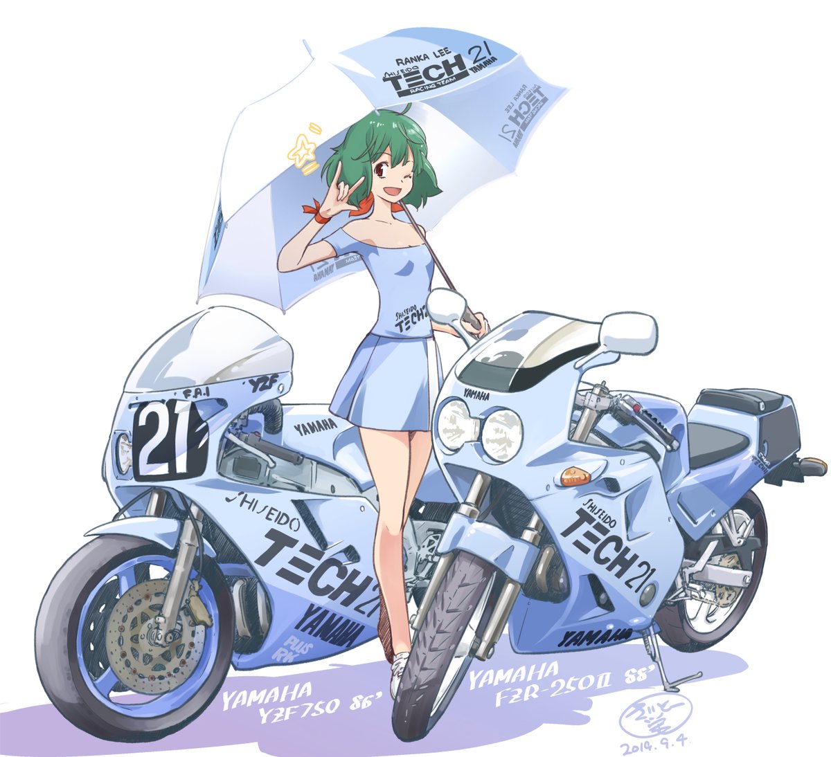 ランカ・リー 「#バイクの日 初めて買った中型はTECH21カラーのFZR。一目惚れでした!」|さいとー栄@2/27終末ツーリング4巻発売のイラスト