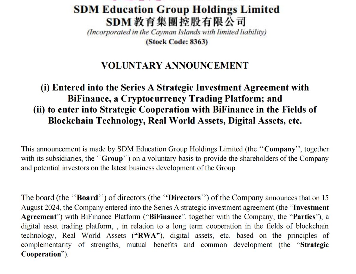 #Blockchain #WEB3 #BTC 
🚀 #BiFinance Raises $10M in Series A Funding, Valuation Hits $100M! 🤑#BiFinance has secured $10 million in Series A funding🥳, led by Sunfund Fortuna Global Opportunities, with investments from Eternal Asia Group (HK:0508), SDM Education (HK:8363), and