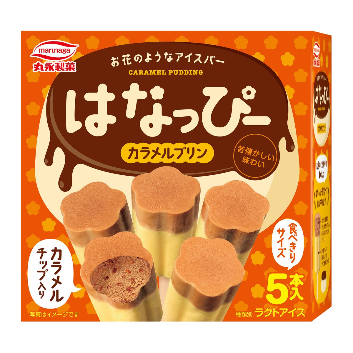 新商品情報／／ 9/9(月)発売❗️❗️ はなっぴーカラメルプリン🌼🍮 カラメル味とプリン味が2層になっていて、プリンをそのまま凍らせたような可愛らしい見た目です🍮✨  カラメル部分にはカラメルチップが入っていてほろ苦さとカリカリ食感をお楽しみいただけます ...