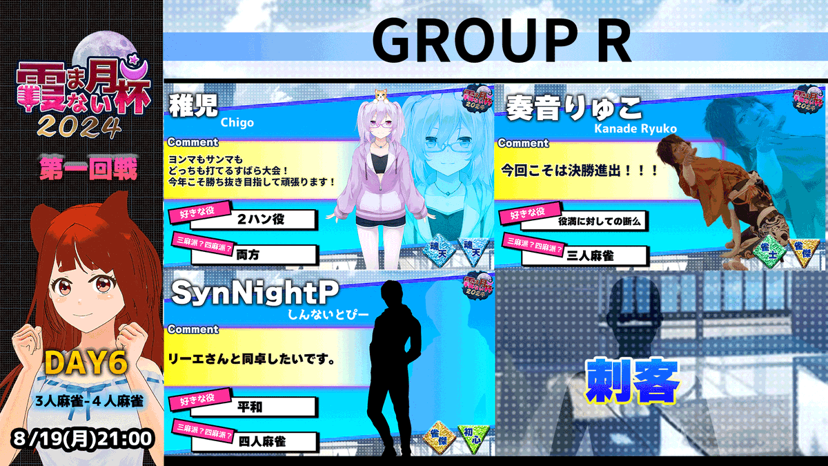 nagiaya0512's tweet photo. #霞まない月杯2024
第一回戦本日最終日!
GROUP R 8/19 21時開戦✨
#SynNightP
#稚児
#奏音りゅこ https://t.co/B6dthvQhsK