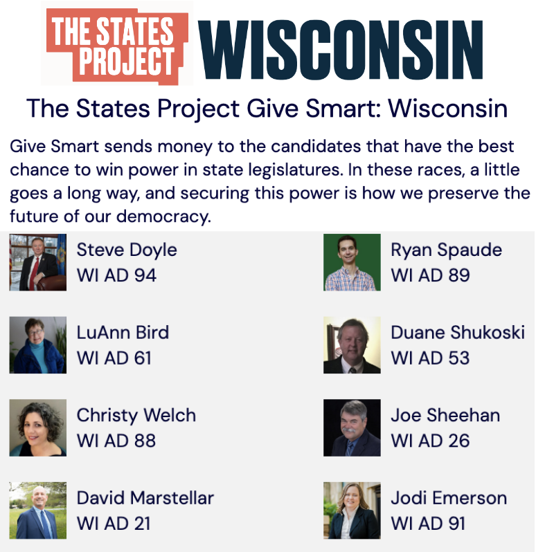 <a href="/benwikler/">Ben Wikler</a> .<a href="/StatesProjectUS/">The States Project</a> works to build Democratic power in state houses &amp; they're focused on #Wisconsin! 

Their #GiveSmart campaign features 10 <a href="/WIAssemblyDems/">WIAssemblyDemocrats</a> candidates best situated to win who are in need of financial support. Donate: app.oath.vote/donate?p=tspgs… 

#VoteBlueDownBallot