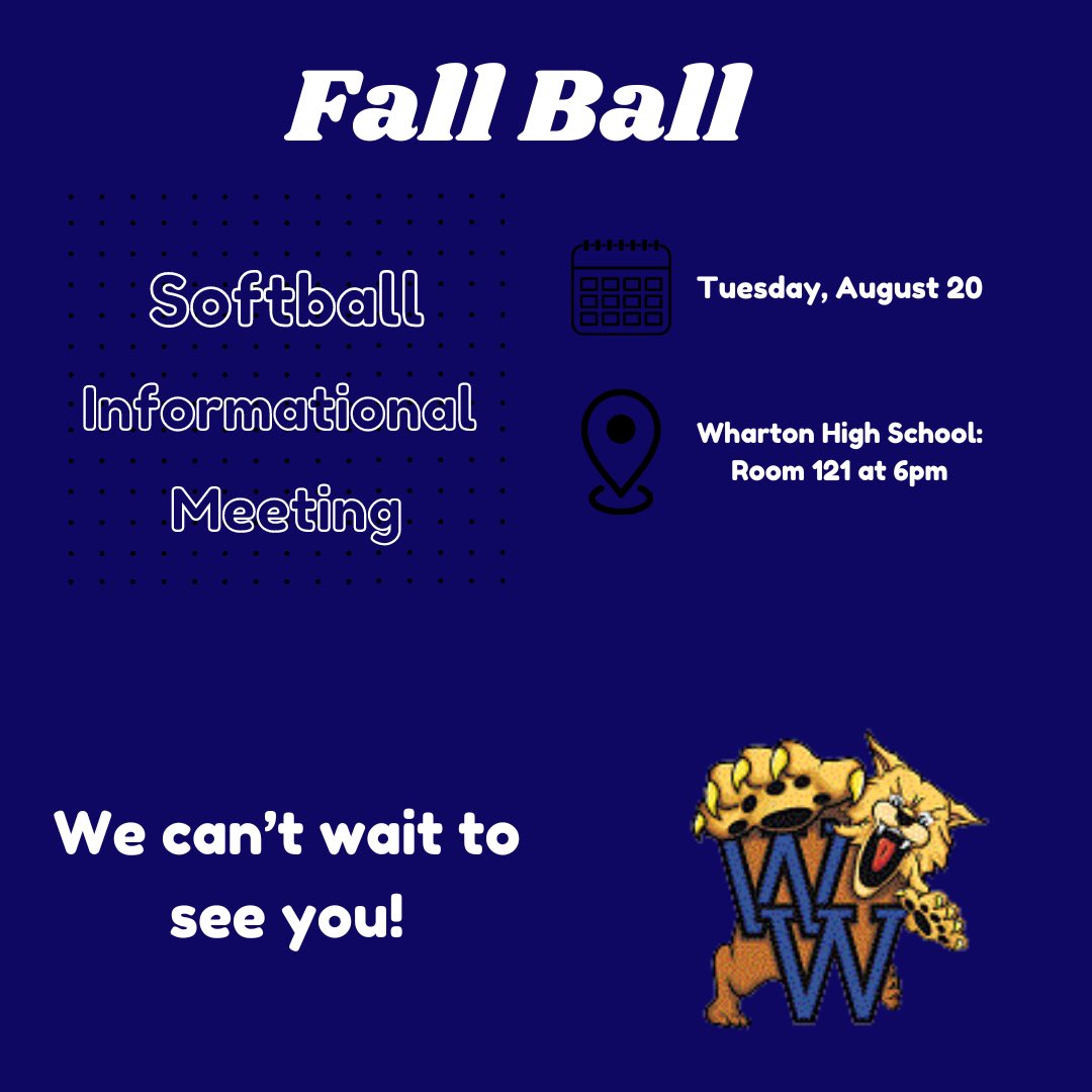 Fall!
Ball!
Is!
Back! 

We hope to see you all Tuesday in Building 11 (near the auditorium) room 121! 

Let’s go! 💪🏽

<a href="/WhartonWildcats/">Wharton High School</a> 🐾