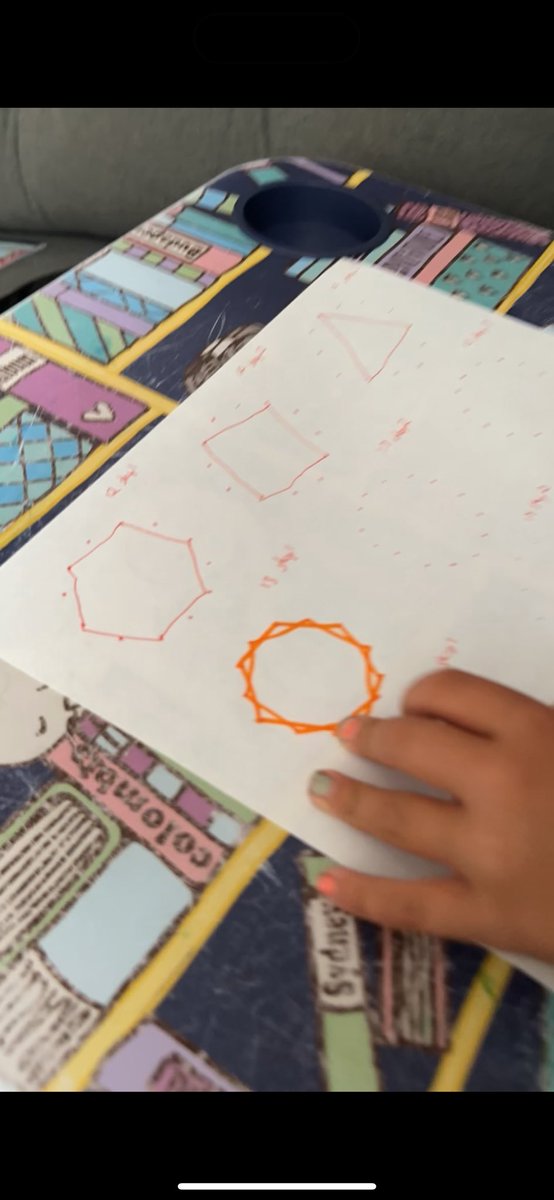 farrarscott's tweet image. My 6yo is enjoying this idea from Vi Hart—
Connect the dots around the circle, but skip 1, or 2, etc. 

We’re exploring “12 skip 1” through “14 skip 3”

“Dada the middle gets tighter. And these are different length.”

#tmwyk #mathart

Vi’s video youtu.be/CfJzrmS9UfY?si…