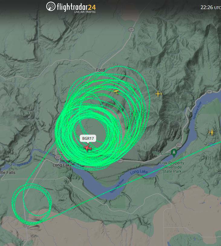 mattgraykxly's tweet photo. #WickedDrive fire is burning north of Long Lake between Hwy 291 and Corkscrew Canyon Road. Air tanker is dropping now #wafire https://t.co/Srd5SnHCeI