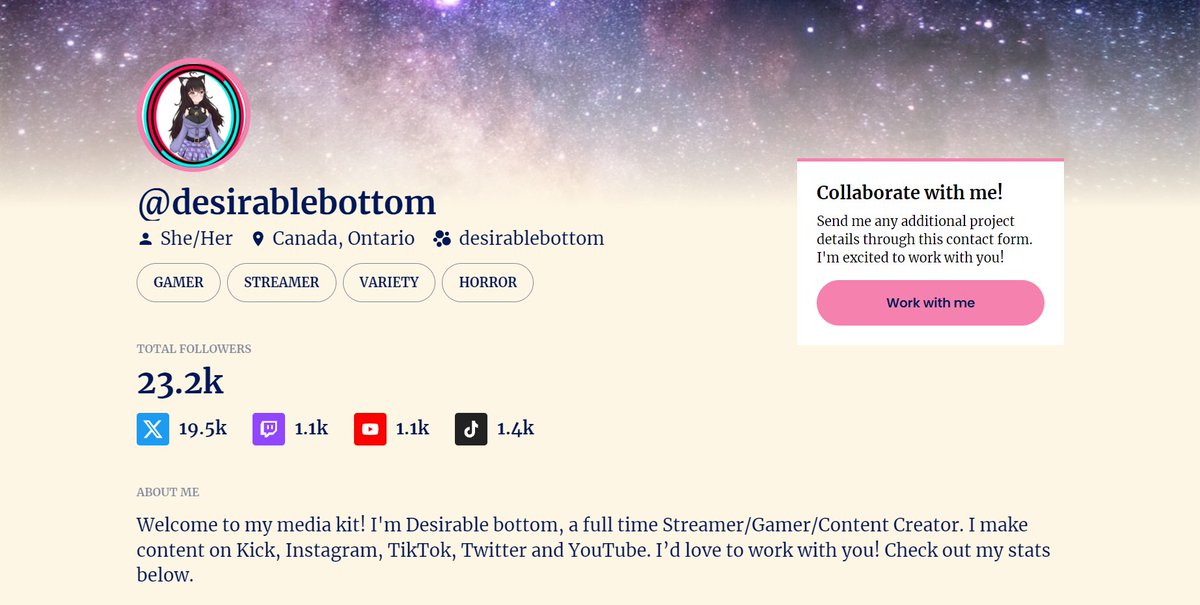 DesirableBottom's tweet photo. 🎮 Desirablebottom Media Kit 🎮
https://t.co/xpyVq0GQNv
Unlock collaboration potential with #Desirablebottom, a full-time #Canadian #varietystreamer who engages a passionate and growing #community across ALL platforms! With a focus on early access gaming, tutorials, and exciting game reviews, Desirablebottom captivates a diverse audience of gamers, content creators, and entertainment lovers alike.
📌Let’s Work Together!
Interested in collaborating or sponsoring Desirablebottom’s content? Reach out today to discuss partnership opportunities!