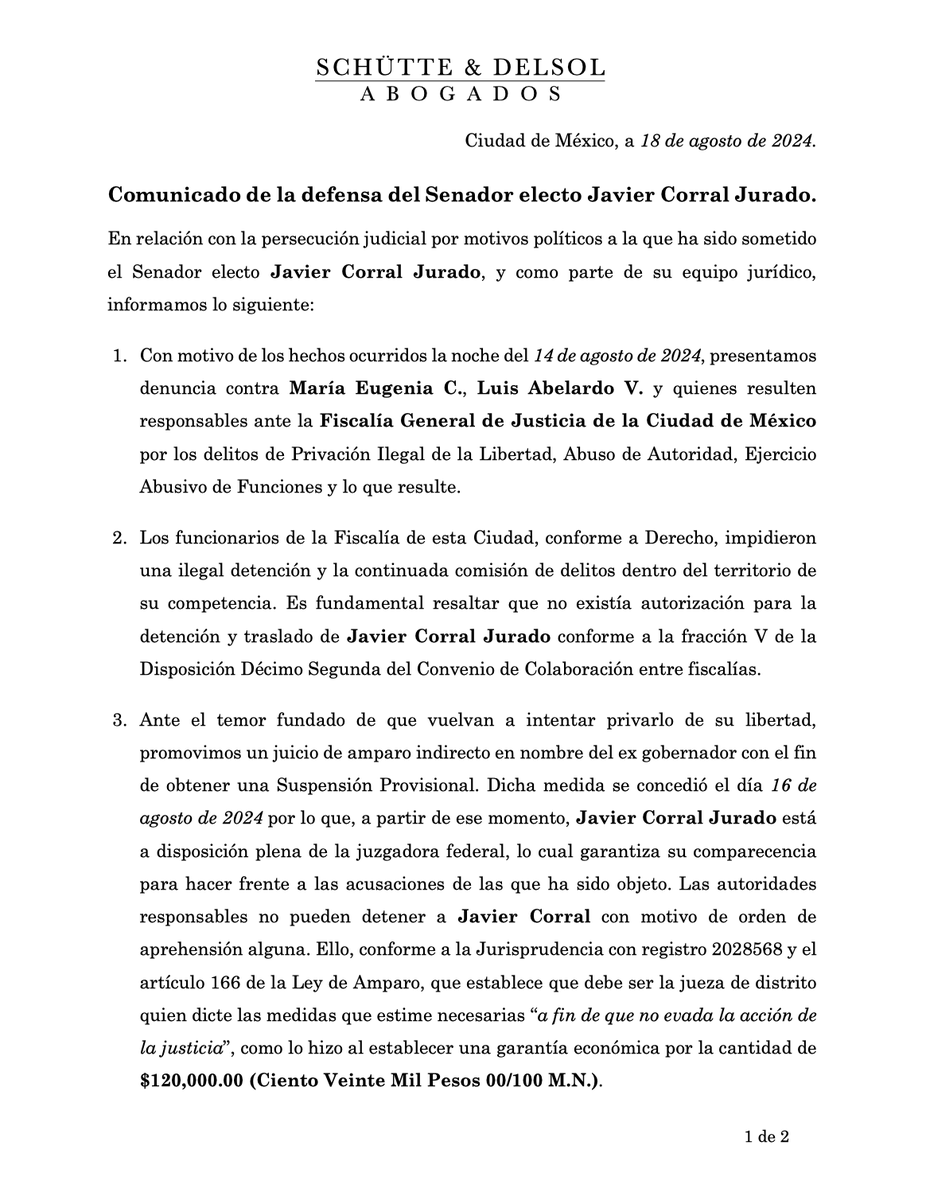 SchutteyDelsol's tweet photo. Compartimos comunicado sobre el caso del Senador electo @Javier_Corral. https://t.co/KhCPqC7LsE