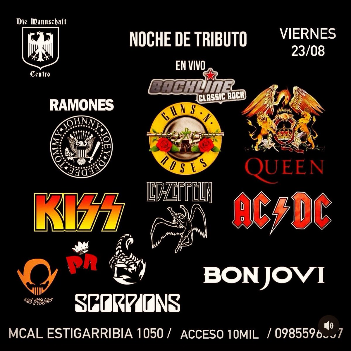 diemannschaftpy's tweet photo. ESTE VIERNES 23/08 Tributo a @KISSOnline @ledzeppelin @scorpions @gunsnroses @QueenFanPy @bonjovi @acdc @ramones #redondos &amp; @lospiojosoficial 
por @backlinerock 
en vivo en el CENTRO
Abrimos 16hs AFTER con 3x2 de CHOPP @pilsenpy &amp; Munich 🍻
📍MCAL ESTIGARRIBIA 1050 c/ EEUU https://t.co/MDuWXYbpA2