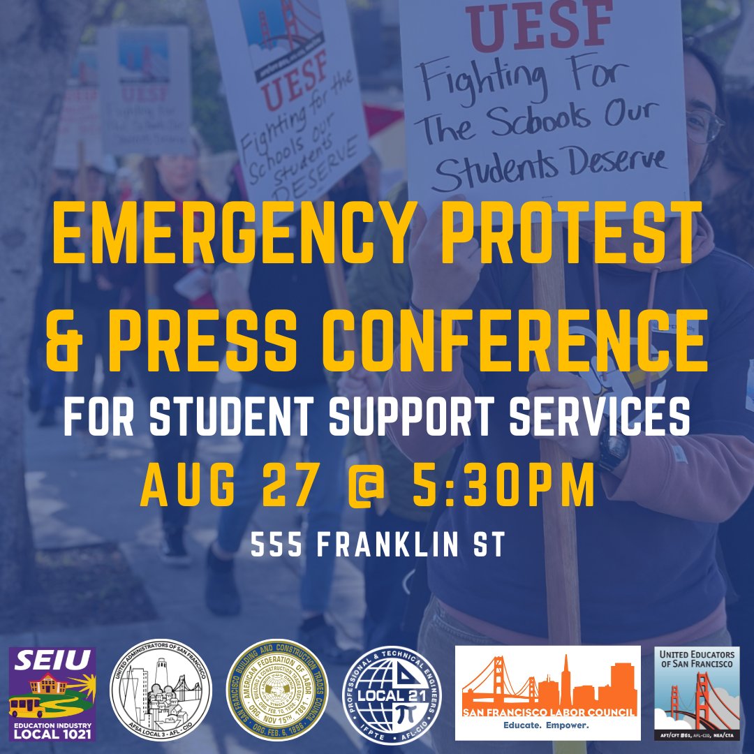 📢 Emergency Protest 🗓 Aug. 27, 5:30 PM 📍 555 Franklin St ✔️ RSVP: bit.ly/schoolsourstud…

The CA Dept of Ed is blocking SFUSD from hiring essential staff—counselors, nurses, social workers—despite allocated funds. Join us in our fight for the schools our students deserve!