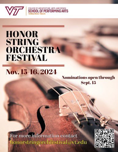 🎻 Calling all high school string players! 🎻

Join us for the Honor String Orchestra Festival at Virginia Tech's School of Performing Arts on November 15-16! This is a fantastic opportunity to showcase your talent &amp; perform with other outstanding musicians.