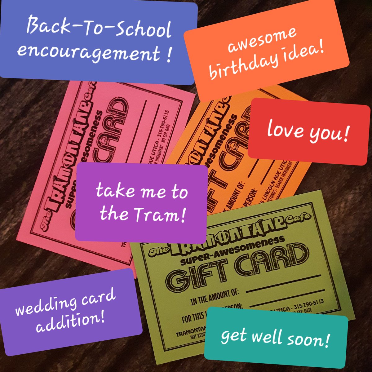 TramontaneCafe's tweet photo. So many great ideas or just because! Tram old school gift cards are Tramtastic ! Get one ( or more ) !  Any amount, no expiration ( we plan on living forever ! There can BE only ONE Tram 😎. ) https://t.co/Oa87VJaVux