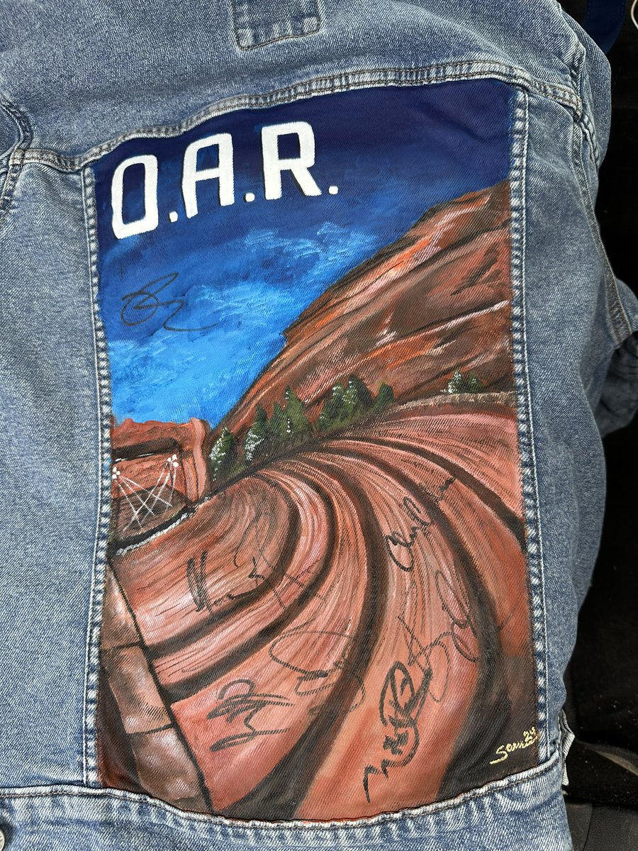 xConcertChickx's tweet image. Bucket list. Not just seeing a concert for the 1st time at @RedRocksCO but seeing @ofarevolution for my 1st show here experiencing it with my bff @yvonne226.  They signed my jacket my niece painted. 
#oar #ofarevolution #redrocks #tedrocksampitheater #bucketlist
