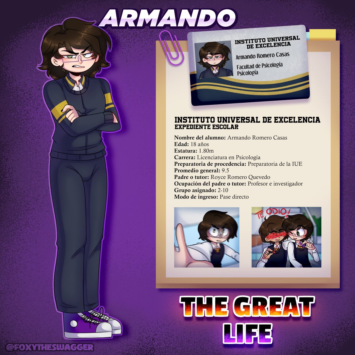 TGL_Oficial's tweet photo. 💜❤️🔥 FICHA OFICIAL 🔥❤️💜

Dicen que Armando suele ser frío y cruel... es mejor evitarlo...

¡Conoce a nuestro antagonista y villano principal! 💜🔥

💜🔥 Interpretado por: @Ulizez_xD
💜🔥 Arte por: @FoxyTheSwagger

#TheGreatLife #TGL https://t.co/kektDq7S8o