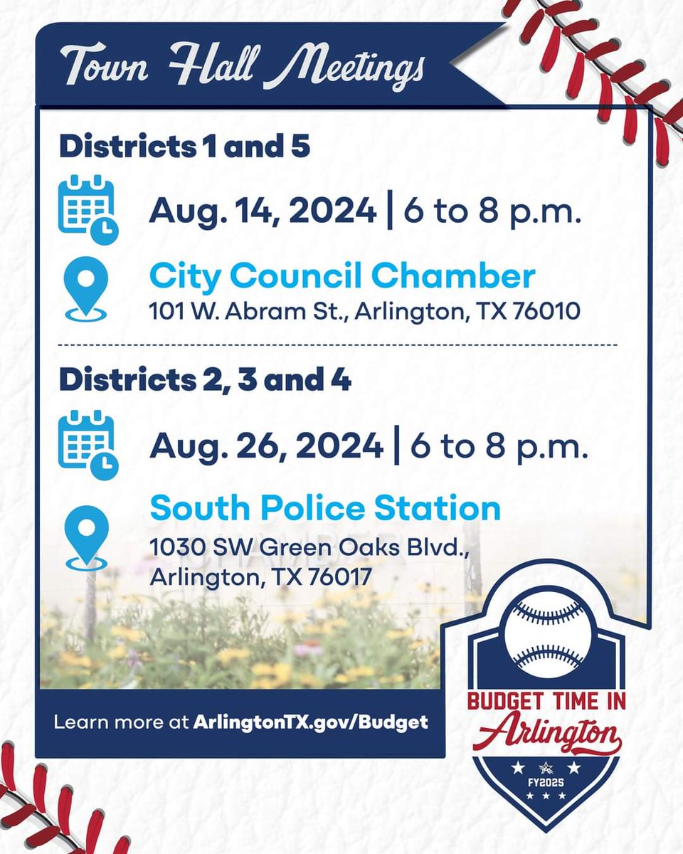 rhgonzalez's tweet photo. Join the conversation about the City of Arlington's proposed $722 million Fiscal Year 2025 budget at the upcoming town hall meeting: https://t.co/Lmrn2OpB3s

Monday, Aug. 26 at 6 p.m. the Arlington Police South District Service Center, 1030 SW Green Oaks Blvd. https://t.co/e152uktKH9