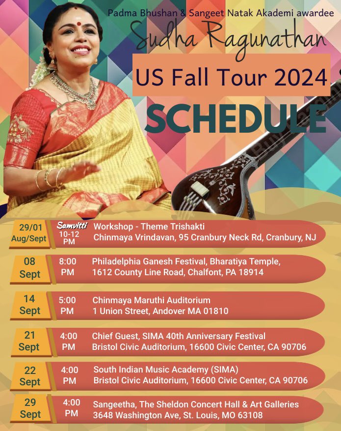 RagunathanSudha's tweet photo. #sudharaghunathan #sudharagunathan #concertschedule #september #usconcerttour #falltour #september2024 #septemberconcerts #performanceschedule #concertinseptember https://t.co/Fe3EeonjEP