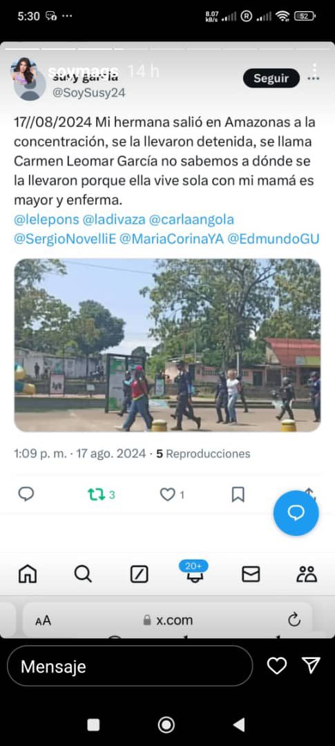 deiteveo's tweet photo. Hago eco de esta denuncia, una nueva desaparición forzada por parte de la #dictadura de @NicolasMaduro esta vez se trata de Carmen Leonor García quien fue detenida en el estado #Amazonas durante la protesta mundial en rechazo al #fraudeelectoral. https://t.co/6lUQLGKYmW