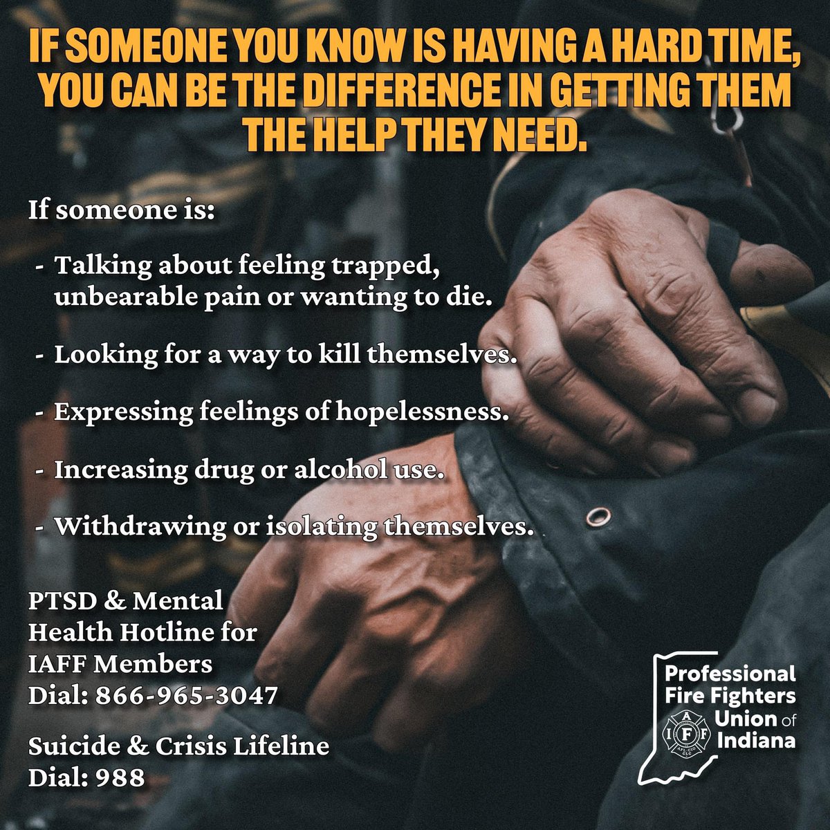 Professional Fire Fighters Union of Indiana (@pffui) on Twitter photo If you or someone you know is struggling with addiction, PTSD, or suicidal ideations, please know that you are not alone. Resources are available for #firefighters, #paramedics, and #EMTs. Help is just a phone call away.
<a href="/IAFFofficial/">International Association of Fire Fighters</a> resources: tinyurl.com/4pkvv6a6 If you or someone you know is struggling with addiction, PTSD, or suicidal ideations, please know that you are not alone. Resources are available for #firefighters, #paramedics, and #EMTs. Help is just a phone call away.
<a href="/IAFFofficial/">International Association of Fire Fighters</a> resources: tinyurl.com/4pkvv6a6
