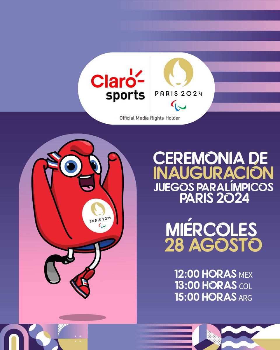 ClaroSports's tweet photo. ¡SERÁ ESPECTACULAR!🤩

Disfruta la Ceremonia de Inauguración de los Juegos Paralímpicos #Paris2024; los esperamos este miércoles 28 de agosto desde las 12:00 horas, tiempo del centro de México, para llevarte todos los detalles de este gran evento mundial👏

#ParísEsTuyo https://t.co/5Ieltp7F9N