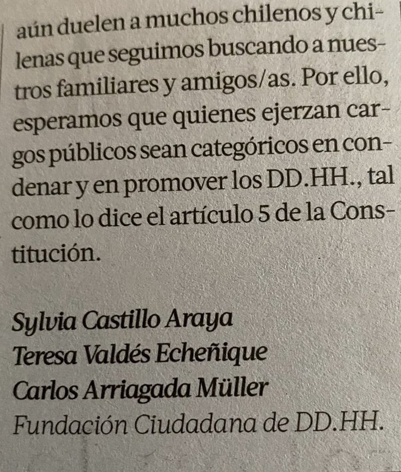 RedDDHHChile's tweet photo. Carta de la Fundación Ciudadana de DDHH publicada hoy en @latercera https://t.co/WzA5vBqNZs