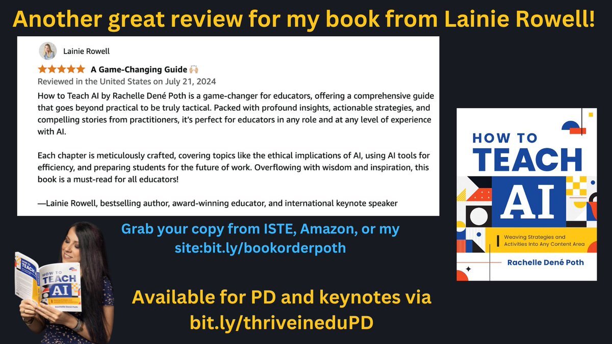 Rdene915's tweet photo. Grab my new #AI book because it's Sunday! Learn about #AI &amp; how to bring it into your classroom. Contact me for PD, keynotes &amp; coaching sessions via https://t.co/mDByzRlBxP. #education #edchat #teaching #generativeAI #edtech #k12 #school #backtoschool @ISTEOfficial https://t.co/Zt8oxwIfEU