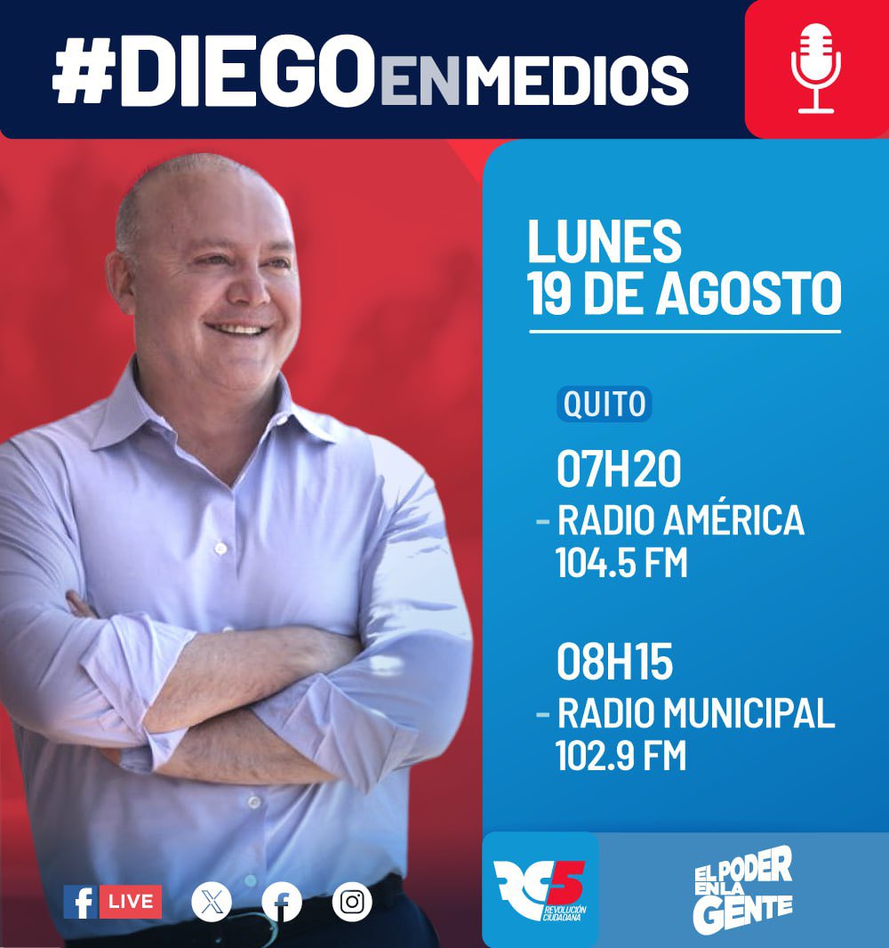 📌#DiegoEnMedios | Acompañemos mañana en sus entrevistas a nuestro precandidato a Vicepresidente <a href="/DiegoBorjaPC/">Diego Borja Cornejo</a>, donde dialogará sobre distintos temas de coyuntura política nacional.

🗓 19/Agosto
⏰ 07h20 / 08h15
📻 Radio América / Radio Municipal 

#ElPoderEnLaGente