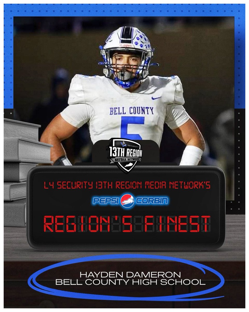 L4 Security 13th Region Media Network’s Top 25 Finest Football Players — Presented by Pepsi of Corbin

Hayden Dameron, Senior, Bell County
Dameron dominated defensively, recording 104 tackles (15 for a loss), and seven sacks. He also had two forced fumbles and one fumble