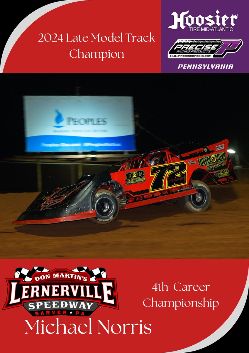 Lernerville's tweet photo. Michael Norris had a season to remember in 2024 as he won eight out of 10 main events with the Precise Racing Products Late Models in a field that contained multiple former track champions week in and out.  

Congratulations to Mike and his crew on  a 4th  Lernerville title! https://t.co/gQc5v4dbFi
