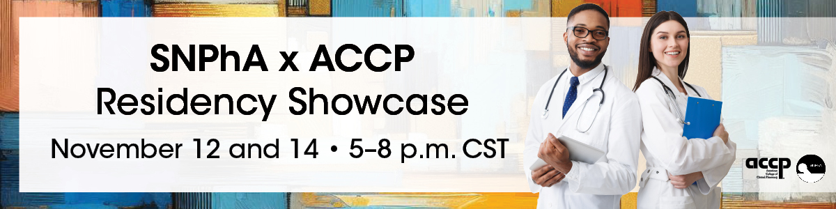 Are you ready to explore residency programs? Join the SNPhA x ACCP Virtual Residency Showcase on Nov. 12 &amp; 14. Connect with program directors for FREE from your home! Open to all students and residents. Don't miss out! 
accp.com/meetings/vrfs2… 
 
#PharmRes #SNPhA #ACCP