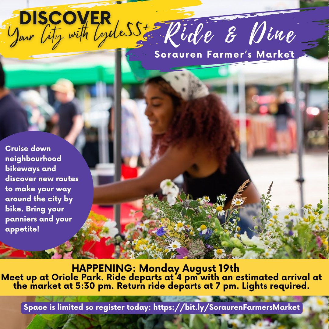 Have you signed up for Cycle55+ Ride &amp; Dine? Happening tomorrow (Monday August 19th). It's your chance to explore some great cycling routes and the fabulous Sorauren Farmer's Market (with live jazz!!!). #bikeTO Photo credit: Sorauren Farmer's Market