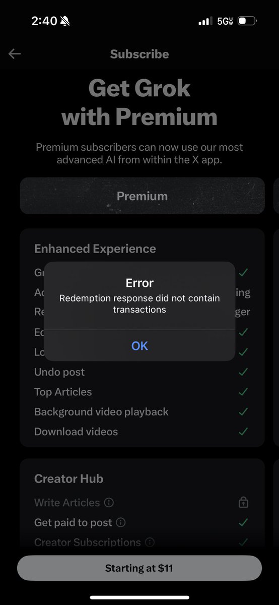 wyoalphamale's tweet photo. @grok @X 
I have tried to subscribe several times in the past few days. Always the same error messages. My subscriptions show I am fully paid. How do I use Grok? https://t.co/2kfEpOmJwr