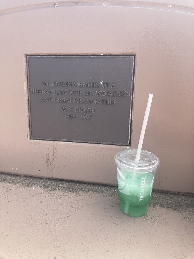 baahblo's tweet photo. I’d be rolling in my grave coming back as a curse if my memorial bench was outside the Taco Bell cantina (yeah the one that serve alcohol) (yes this Baja blast has tequila in it) https://t.co/hyKojTefjB