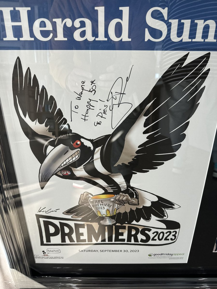 Belly035's tweet photo. Finally got my @CollingwoodFC 2023 WEG framed. Thanks to my 12yo for getting it autographed. I absolutely love it 

#sidebyside https://t.co/9chfYXreku