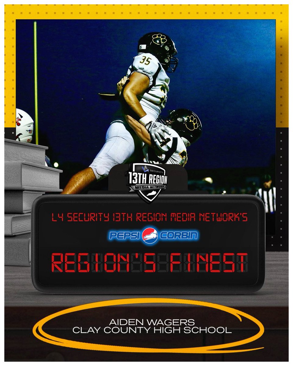 L4 Security 13th Region Media Network’s Top 25 Finest Football Players — Presented by Pepsi of Corbin

Aiden Wagers, Junior, Clay County
Wagers was one of the best offensive players in the 13th Region last season, totaling 41 receptions for 593 yards and 14 touchdowns. He also