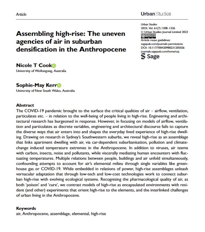 USJ_online's tweet image. Editors' Featured Articles: Assembling high-rise: The uneven agencies of air in suburban densification in the Anthropocene by @NicoleTCook and Sophie-May Kerr 
ow.ly/bWZC50SiVfv
#EditorsPicks #FreeAccess #HighRise #assemblage