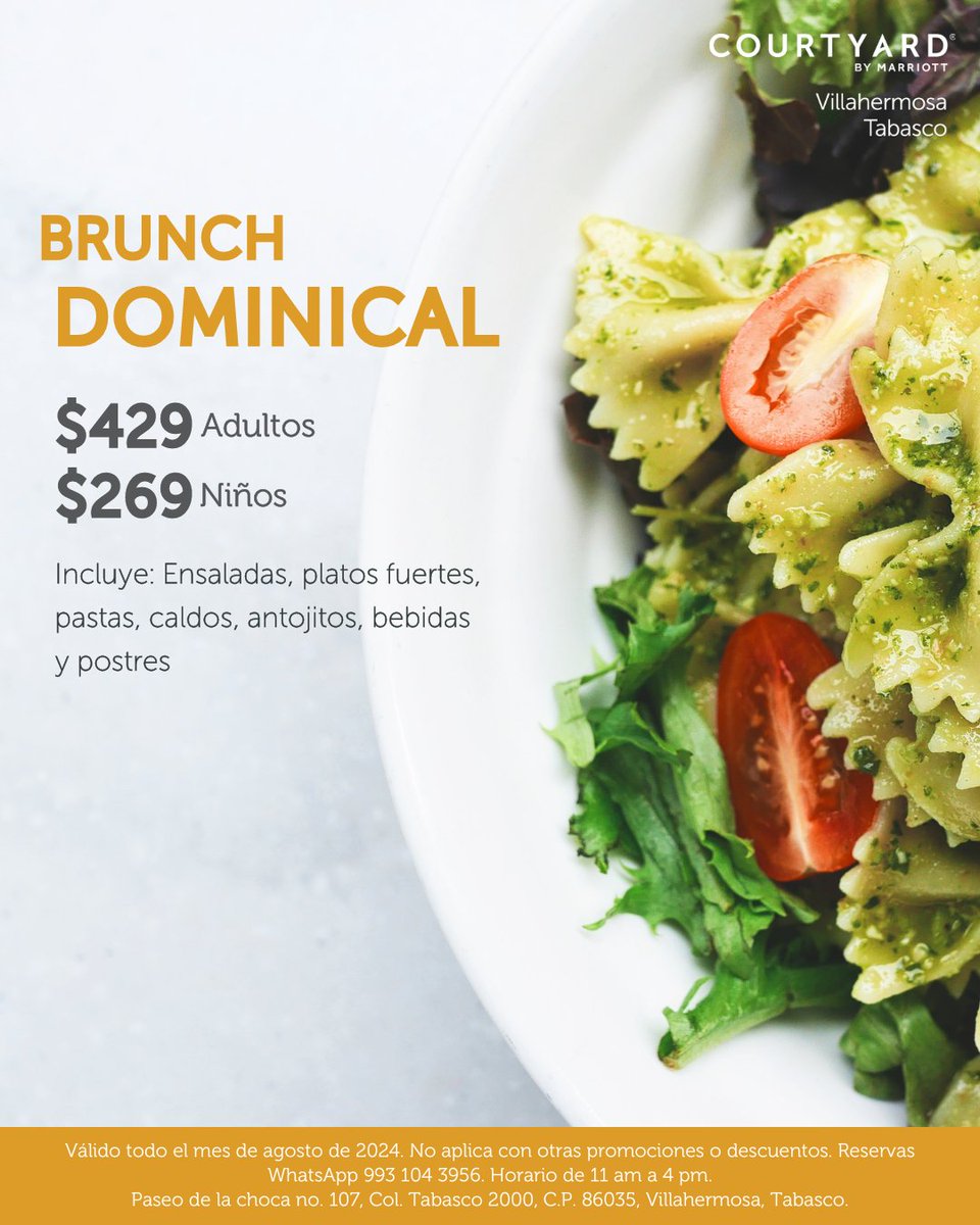 CourtyardVhsa's tweet photo. ¡Brunch Dominical! 🍝 Una combinación entre desayuno y comida a solo $429 por adulto y $269 por niño 👨‍👩‍👦‍👦 De 11:00 a 16:00 hrs

WhatsApp reservas: 993 310 1600

Paseo de la choca #107, Col. Tabasco 2000, C.P. 86035, Villahermosa, Tabasco. https://t.co/BBYBATzn4B