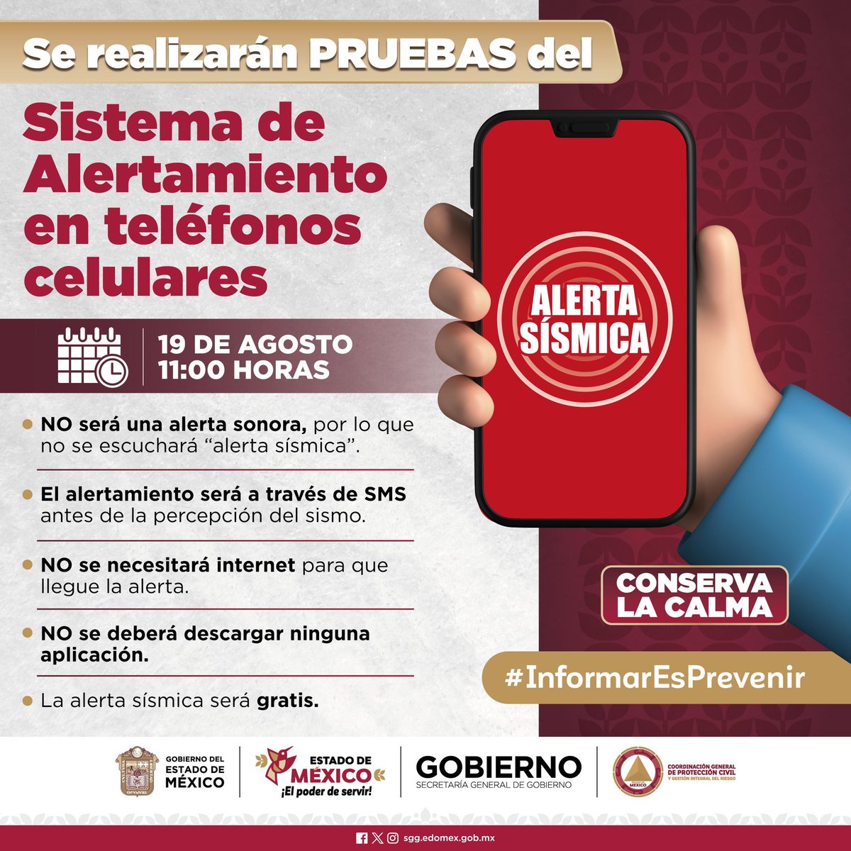 🚨¡Atención! 
Este lunes 19 de agosto a las 11:00 AM se activará como prueba el Sistema de Alertamiento en Teléfonos Celulares.
🔔 Recibirás un mensaje SMS con la alerta como parte de este ejercicio para asegurarnos de que todos estemos preparados en caso de una emergencia real.