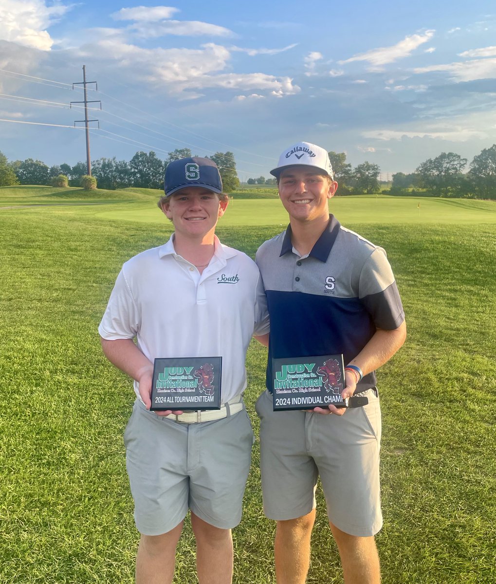 SODragonsGolf's tweet photo. Two Dragons in the Top 3! Max Terrell jumped onto the podium today finishing 3rd at the Judy Construction Invitational. @griffinbarke makes it 7 straight rounds in the 60s to win by three. A successful business trip for these two seniors! @SOHSDragons @OldhamEraSports https://t.co/3vsrly2C46