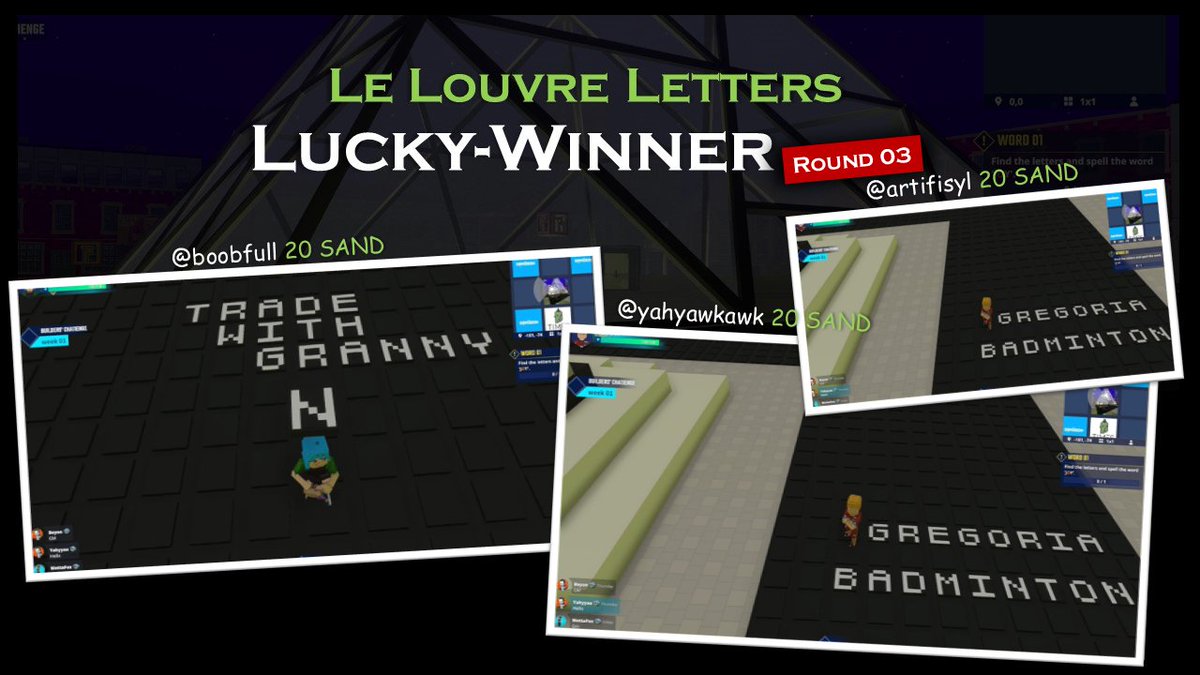 addy2045's tweet photo. We asked players to spell out their favorite Olympic athlete.
Everyone’s a winner in the last round! Congrats to the fam! 🎊
@boobfull
@artifisyl
@yahyawkawk 
The next task (Last week BC) will be announced very soon!

@TheSandboxGame
#TSBBuildersChallenge https://t.co/LFV6VHvR7M